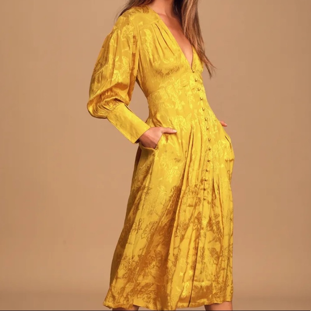 Lulu’s sunsets with you golden yellow button up midi dress
